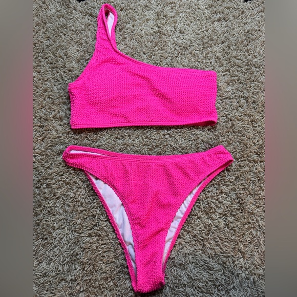 Other - Hot Pink Textured One-Shoulder Bikini Set